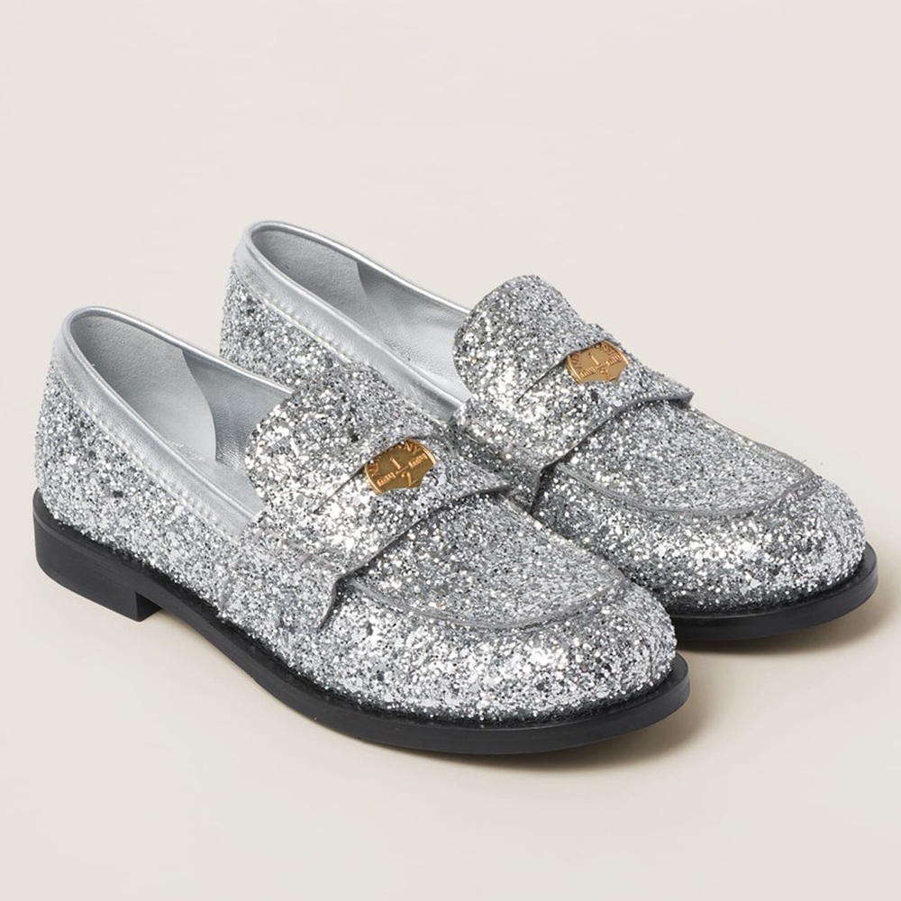 Miu Miu Silver Glitter Loafers SIZE 38